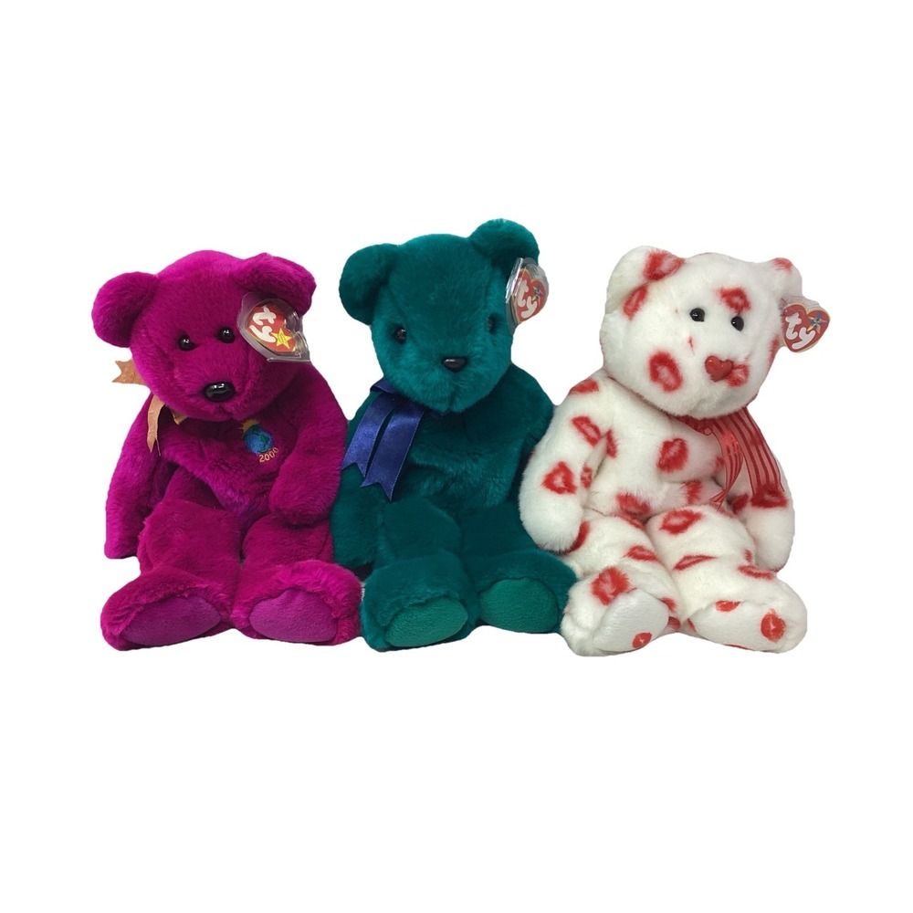 (3) 2000/01 TY Beanie Buddies Teddy Bear Plush Fuchsia/Teal/Red Hearts
